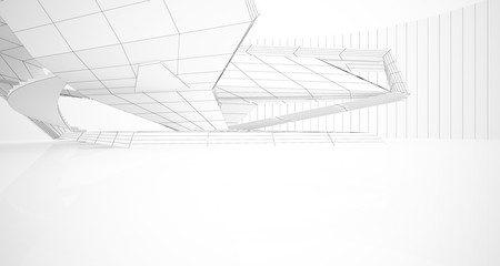 Drawing abstract architectural white interior of a minimalist house with large windows. 3D illustration and rendering.