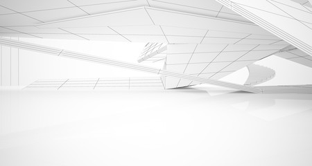 Drawing abstract architectural white interior of a minimalist house with large windows. 3D illustration and rendering.