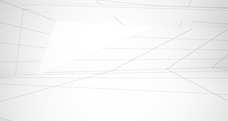 Drawing abstract architectural white interior of a minimalist house with large windows. 3D illustration and rendering.