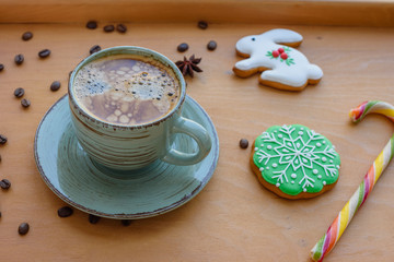Christmas morning with fragrant coffee, gifts, gingerbread and the festive atmosphere