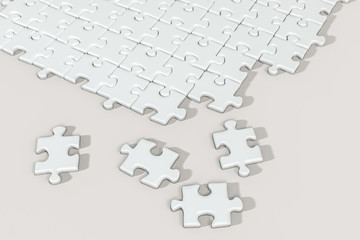 Scattered blank puzzles with white background, 3d rendering.