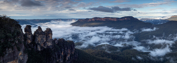Jamison Valley Panorama with Three Sisters and Mist in the Valley
