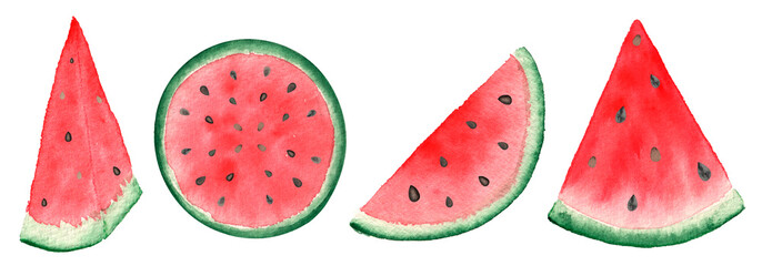 slices of watermelon on white background. Watercolor hand-painted illustration  of sweet melon. - obrazy, fototapety, plakaty