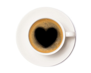 coffee cup with heart sign, top view isolated on white background, with clipping path.