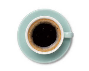 coffee black in ceramic cup, top view  isolated on white background.