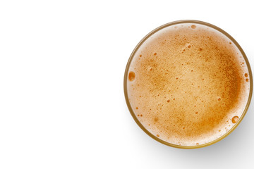 top view of beer bubbles in glass cup on white background. empty space for design.