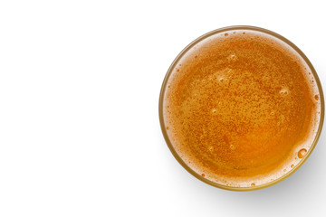 top view of beer bubbles in glass cup on white background. empty space for design.