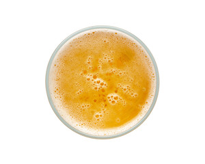 beer bubbles in glass cup on white background. top view.