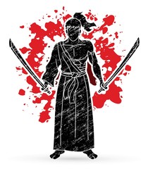Samurai warrior standing with swords cartoon graphic vector.