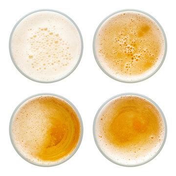 beer bubbles in glass cup on white background. top view collection isolated on white background.