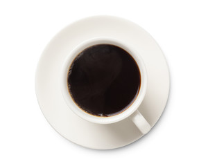 coffee cup, top view of coffee black in white ceramic cup isolated on white background.