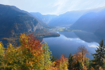 Beautiful mountain with lake landscape at europe Hallstatt Village in Austria autumn season