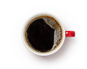 coffee cup, top view of coffee black in red ceramic cup isolated on white background. with clipping path.