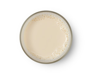 Cup with soy milk bubble foam top view isolated on white background, with clipping path.