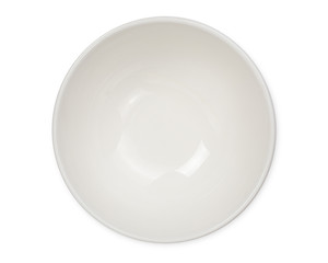top view of empty white bowl with green edge isolated on white background, with clipping path.