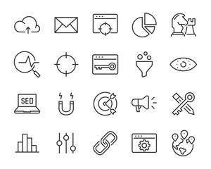 set of seo icons, such as marketing, search, ad, support