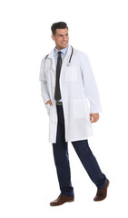 Full length portrait of medical doctor with stethoscope isolated on white