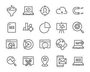 set of seo icons, such as marketing, search, ad, support