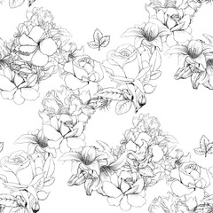 draw the line Black and white of leaves and flower, , seamless pattern on white background