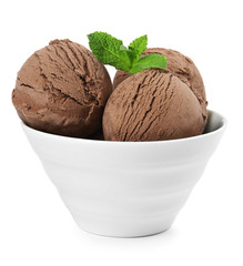 Bowl of tasty chocolate ice cream with mint isolated on white