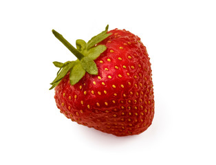 Strawberries close up. Isolated on white background. Juicy fresh red berry. Chilled fruit from the fridge.