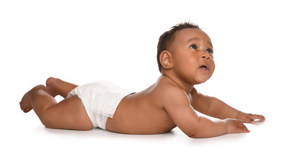 Adorable African-American baby in diaper on white background - obrazy, fototapety, plakaty