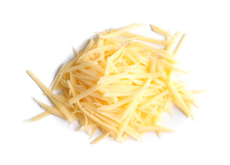 Heap of grated delicious cheese on white background
