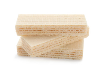 Delicious crispy wafers on white background. Sweet food