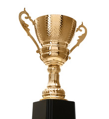 Shiny gold cup on white background. Winner's trophy