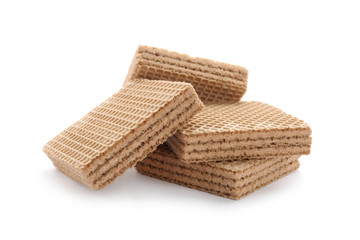 Delicious crispy wafers on white background. Sweet food