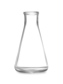 Empty Conical Flask On White Background. Chemistry Glassware