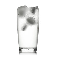 Glass of cold clear water with ice on white background. Refreshing drink