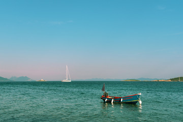 Beautiful view of the sea with boats, yachts and islands on the horizon, Croatia