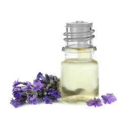 Obraz na płótnie Canvas Bottle with natural lavender oil and flowers on white background