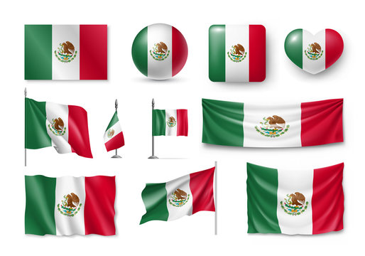 Various flags of Mexico independent country set. Realistic waving national flag on pole, table flag and different shapes badges. Patriotic mexican 3d rendering symbols isolated vector illustration.