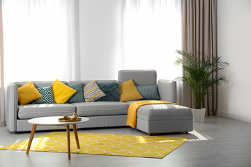 Stylish living room interior with comfortable sofa. Space for text