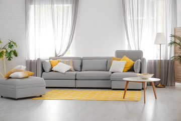 Living room with comfortable sofa and stylish decor. Idea for interior design