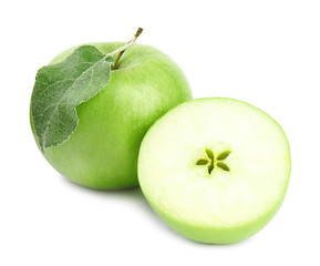 Fresh ripe green apples with leaf on white background