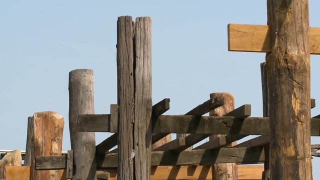 A close up shot of teakwood used for a wooden bridge in Myanmar