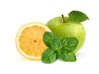 Lemon, green apple and mint isolated on white background.