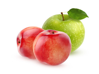 Green Apple with leaf and nectarine, isolated on white