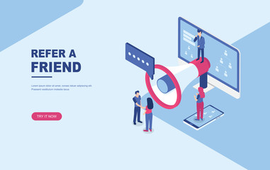 Referral Refer a friend concept, people shout on megaphone, character handshake. Flat isometric design vector illustration