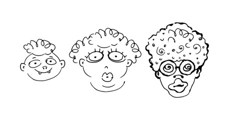 Persons set. Female, male and child. Hand drawn doodle contour black and white vector isolated illustration.