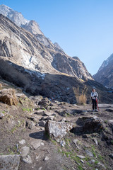 Trekker on the way to Annapurna base camp. Nepal