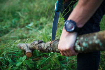 Using a small tourist hand saw in the hike. Male hand sawing firewood folding saw orange