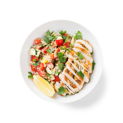 Fresh quinoa tabbouleh salad with grilled chicken. isolated on white background