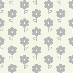 Fototapeta na wymiar Seamless repeat pattern of stylized grey flowers and leaves in a geometric pattern. A pretty hand drawn floral vector design.
