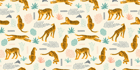 Seamless exotic pattern with tigers and abstract elements. © Nadia Grapes