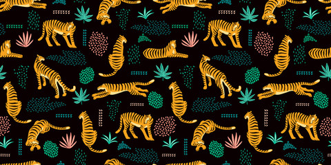 Seamless exotic pattern with tigers and abstract elements. © Nadia Grapes