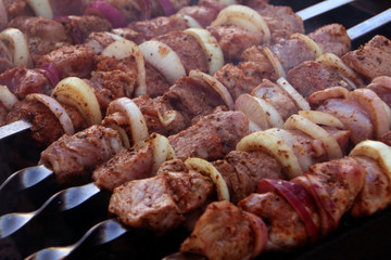 Kebabs on skewers prepared on charcoal grill